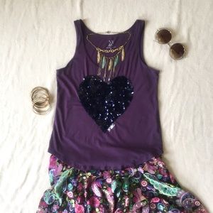 New York & Company Purple Top with Sequin Heart M
